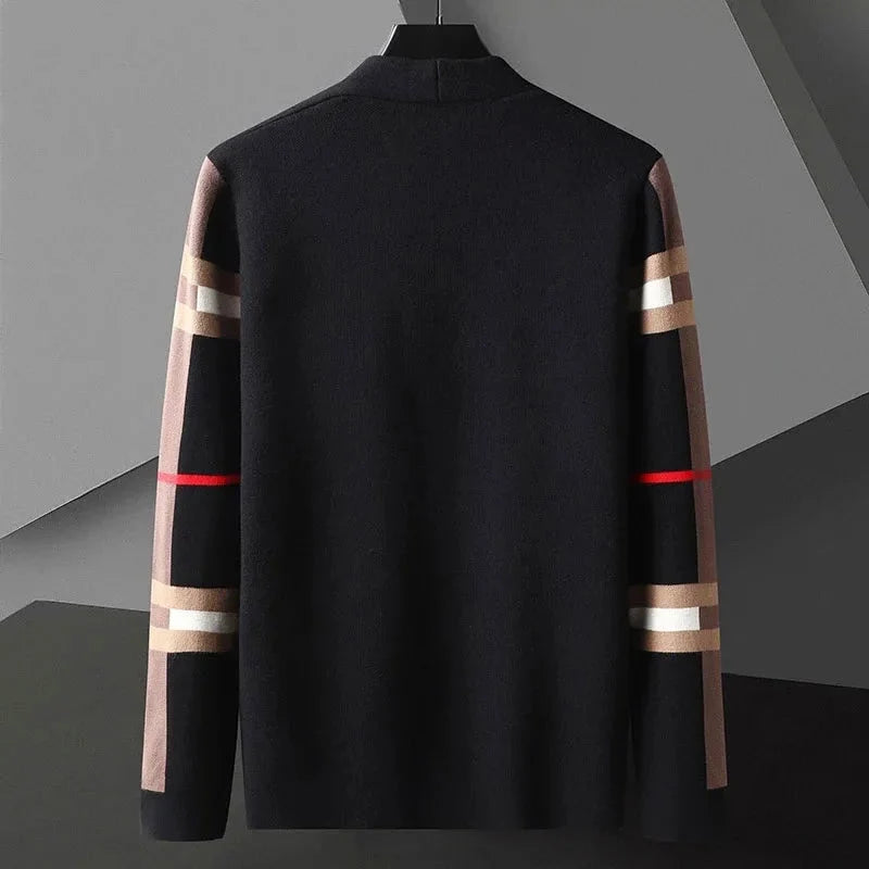 Men's Open-Front Knit Cardigan with Plaid Sleeve Detail 4