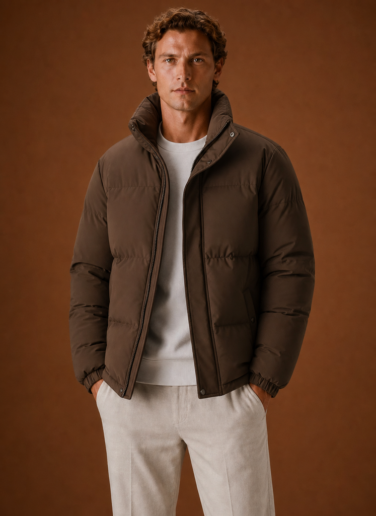 Men's oversized puffer jacket featuring a stylish quilted design, perfect for winter wear, providing warmth and comfort. 0