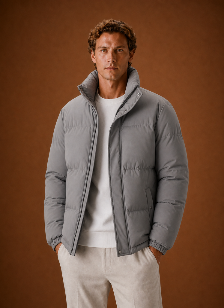 Men's oversized puffer jacket featuring a stylish quilted design, perfect for winter wear, providing warmth and comfort. 9