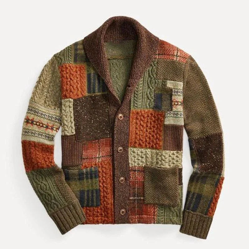Men's Patchwork Knit Button Cardigan with Shawl Collar 0
