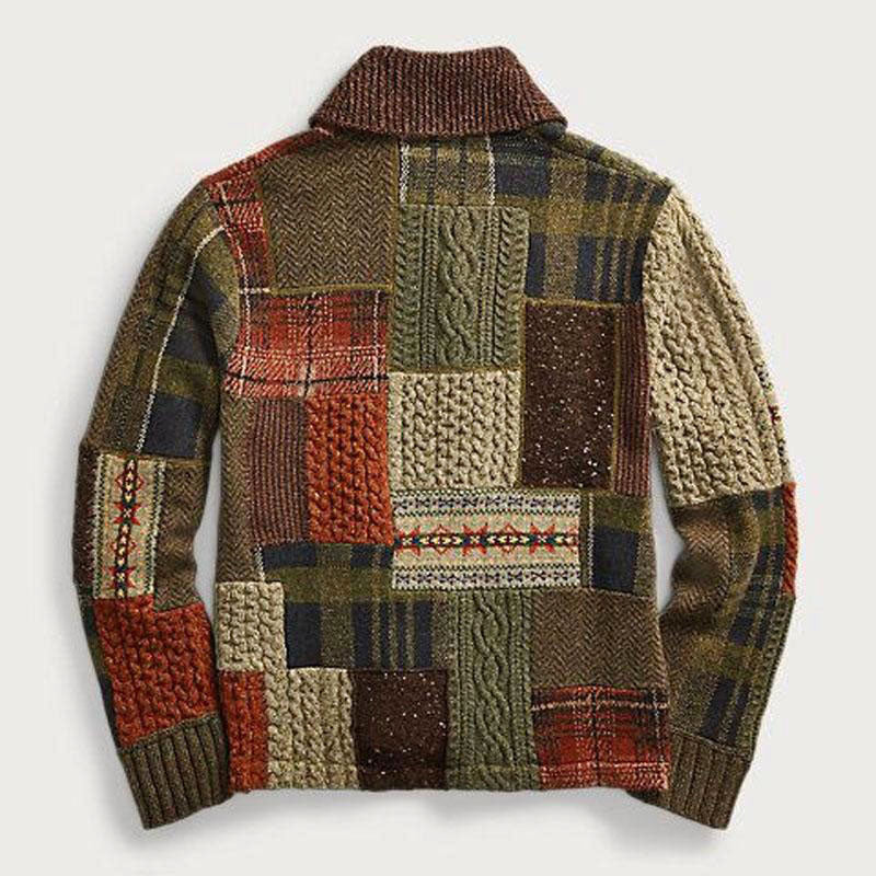 Men's Patchwork Knit Button Cardigan with Shawl Collar 1