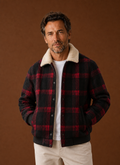 Men's plaid bomber jacket featuring a cozy sherpa lining and a relaxed fit, perfect for stylish warmth in casual settings. 0