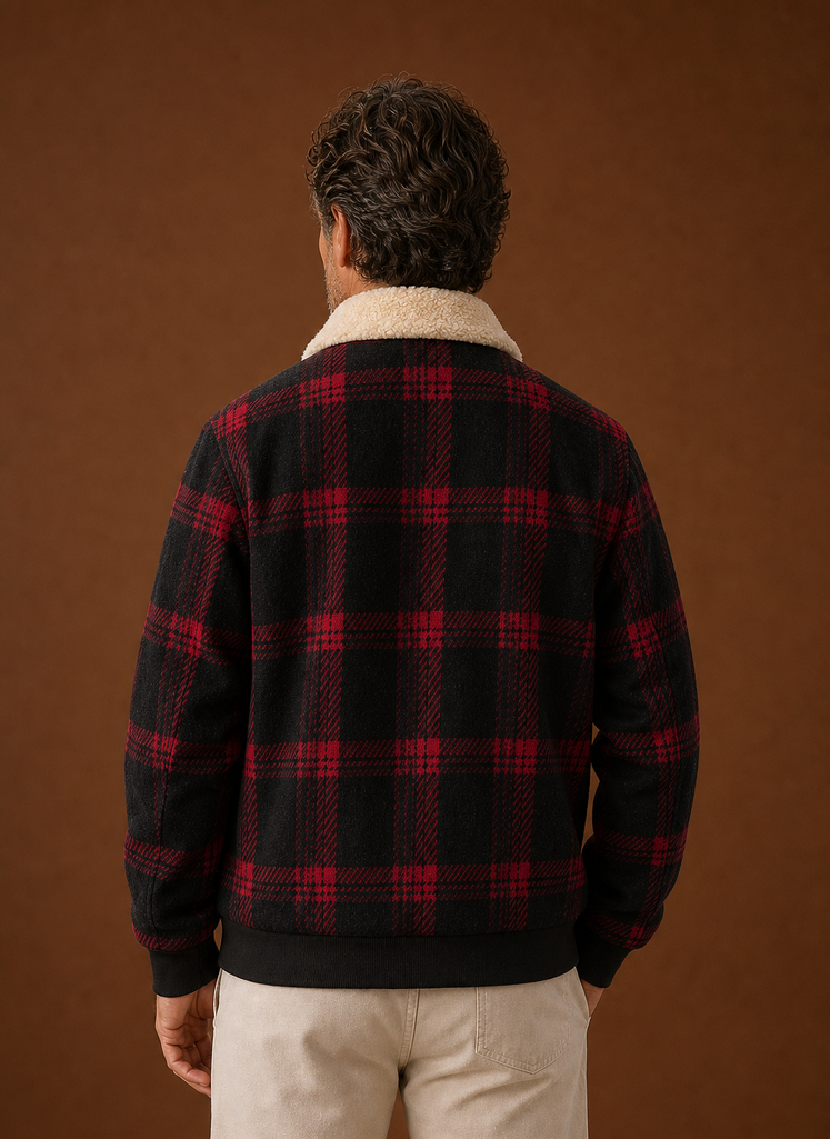 Men's plaid bomber jacket featuring a cozy sherpa lining and a relaxed fit, perfect for stylish warmth in casual settings. 1