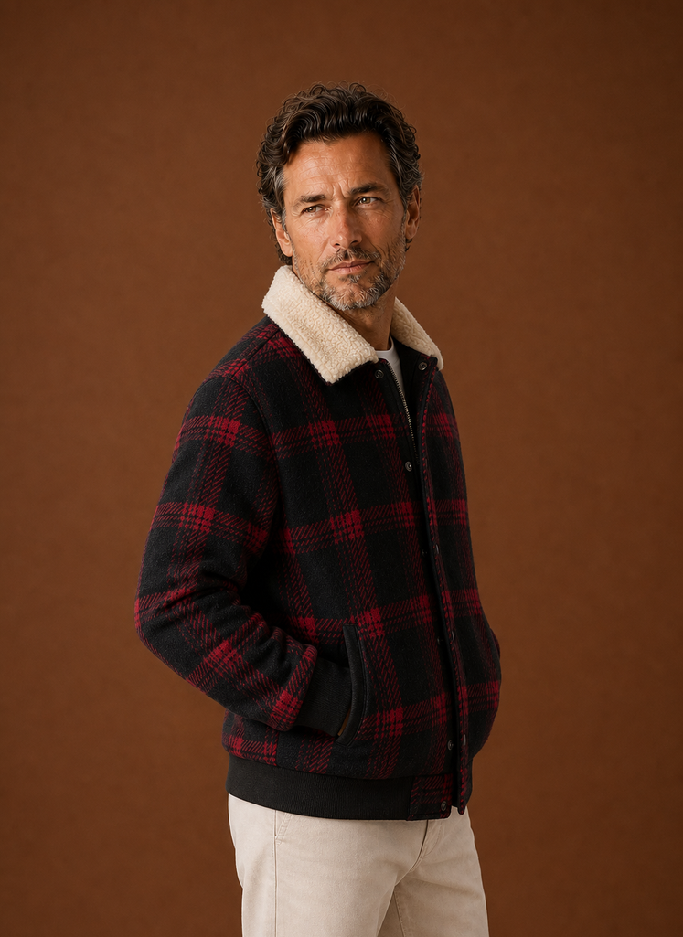 Men's plaid bomber jacket featuring a cozy sherpa lining and a relaxed fit, perfect for stylish warmth in casual settings. 2