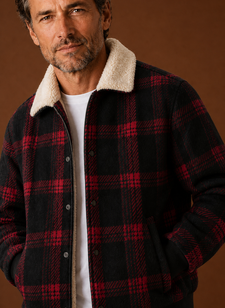 Men's plaid bomber jacket featuring a cozy sherpa lining and a relaxed fit, perfect for stylish warmth in casual settings. 3