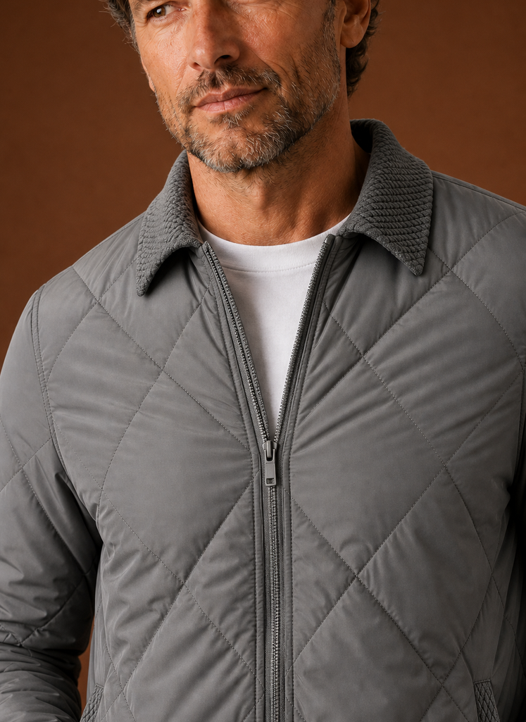 Men's Quilted Bomber Jacket featuring a zip closure and ribbed trim, perfect for casual styling and warmth in cooler weather. 3