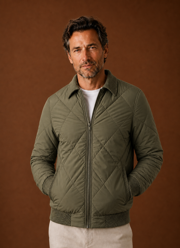 Men's Quilted Bomber Jacket featuring a zip closure and ribbed trim, perfect for casual styling and warmth in cooler weather. 4