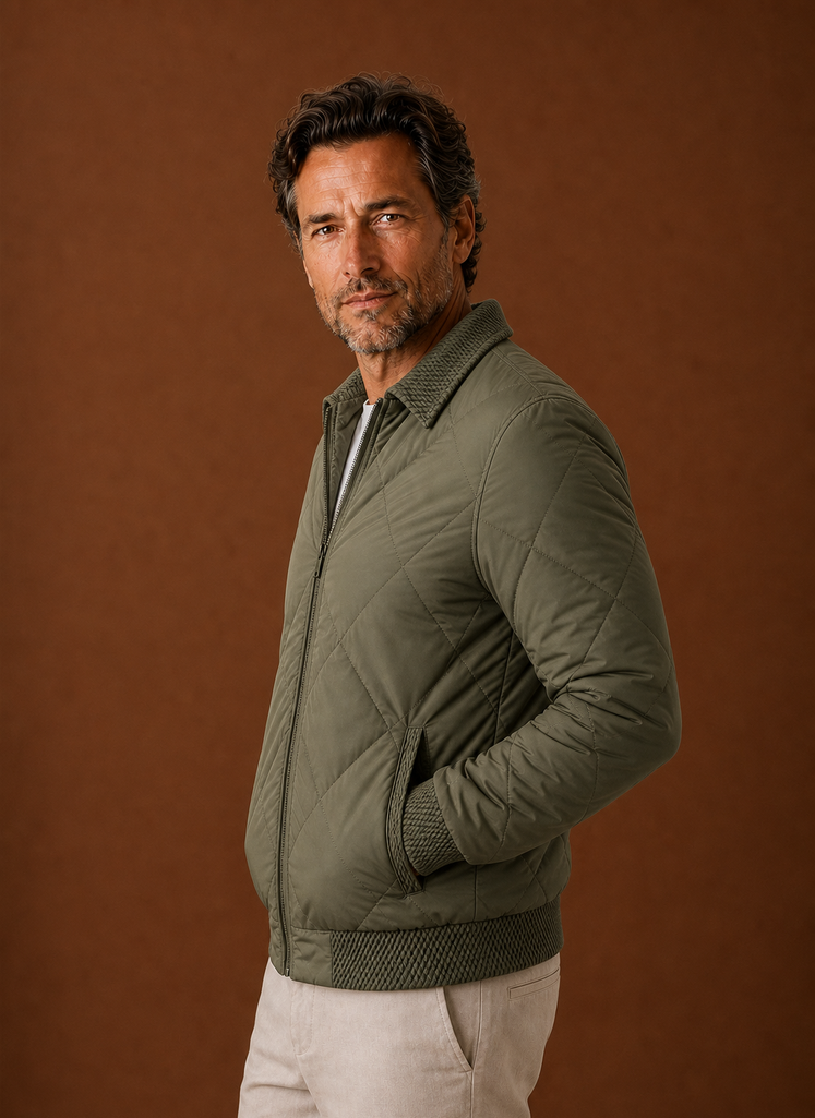 Men's Quilted Bomber Jacket featuring a zip closure and ribbed trim, perfect for casual styling and warmth in cooler weather. 5