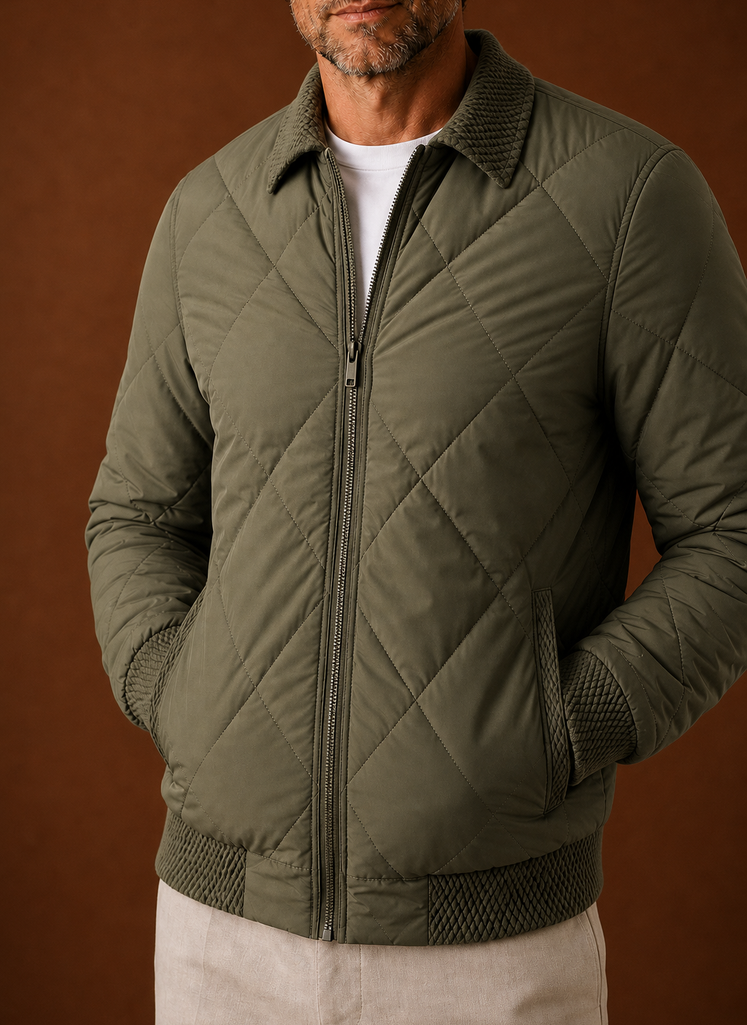 Men's Quilted Bomber Jacket featuring a zip closure and ribbed trim, perfect for casual styling and warmth in cooler weather. 7