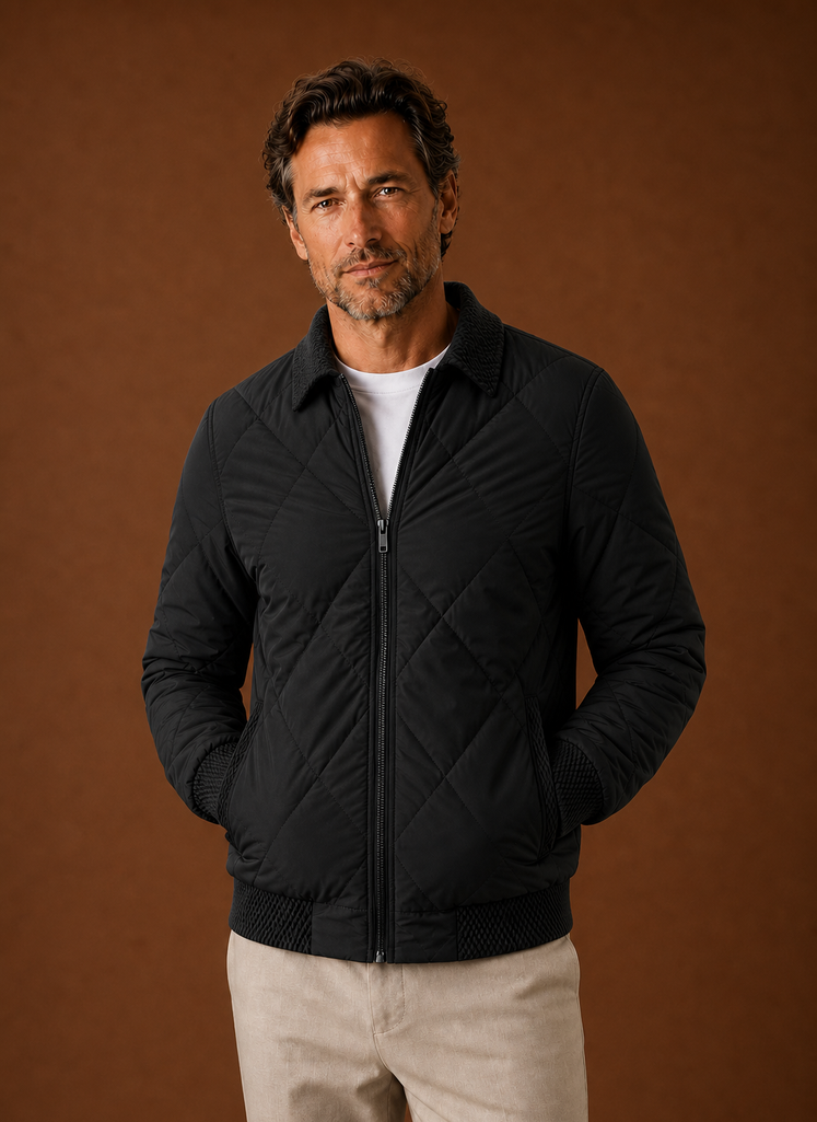 Men's Quilted Bomber Jacket featuring a zip closure and ribbed trim, perfect for casual styling and warmth in cooler weather. 8