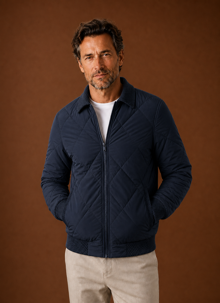 Men's Quilted Bomber Jacket featuring a zip closure and ribbed trim, perfect for casual styling and warmth in cooler weather. 9