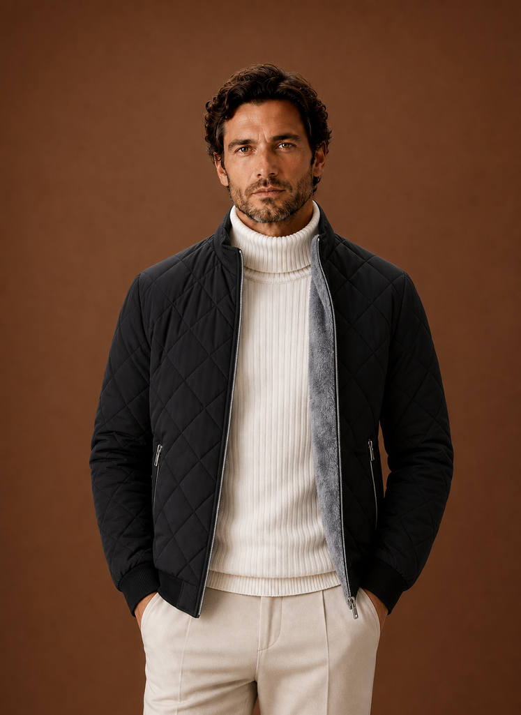 Men's quilted fleece-lined jacket featuring zip pockets, perfect for winter wear, providing warmth and style. 0