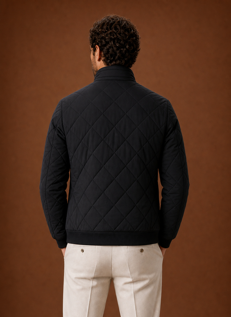 Men's quilted fleece-lined jacket featuring zip pockets, perfect for winter wear, providing warmth and style. 1