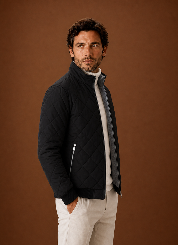 Men's quilted fleece-lined jacket featuring zip pockets, perfect for winter wear, providing warmth and style. 2
