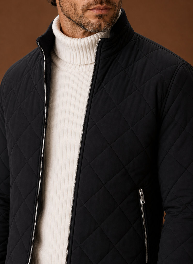 Men's quilted fleece-lined jacket featuring zip pockets, perfect for winter wear, providing warmth and style. 3