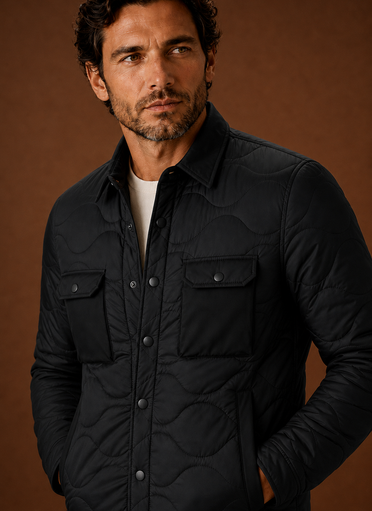 Men's quilted shirt jacket designed for versatile layering and stylish comfort, featuring a modern fit, durable fabric, and multiple pockets for functionality. 3