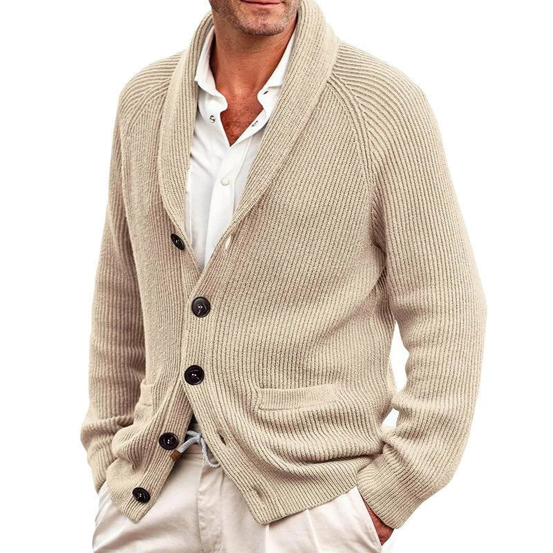 Men's Ribbed Shawl Collar Cardigan with Button Front and Pockets 1