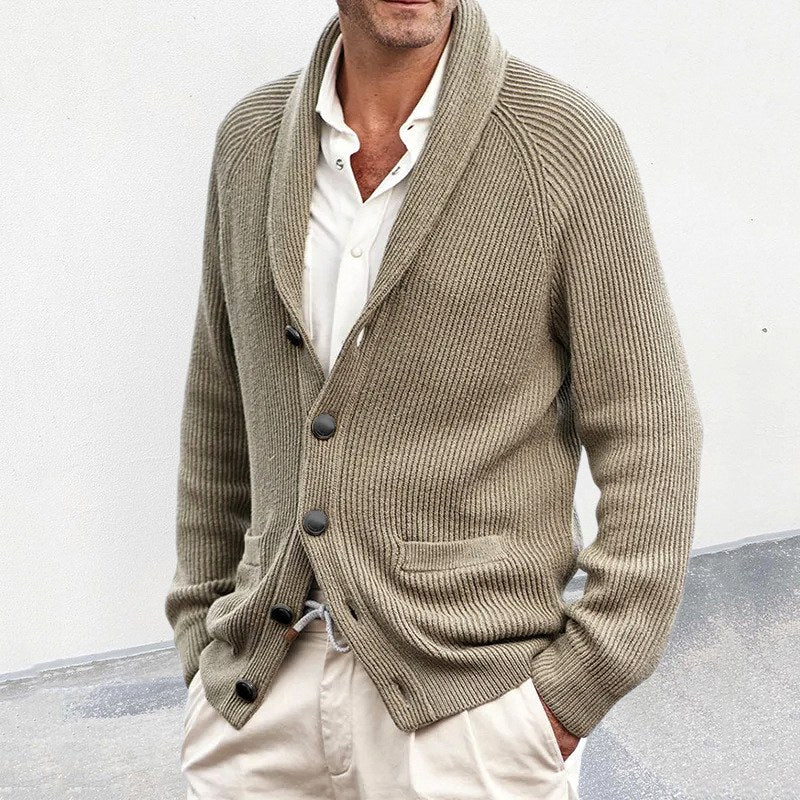 Men's Ribbed Shawl Collar Cardigan with Button Front and Pockets 2