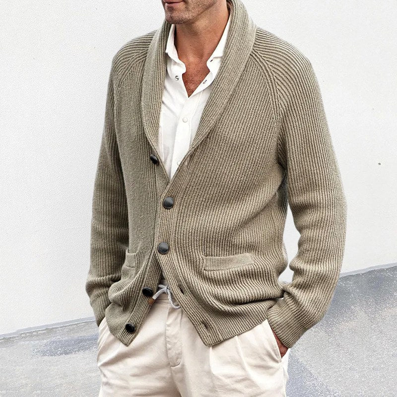 Men's Ribbed Shawl Collar Cardigan with Button Front and Pockets 3