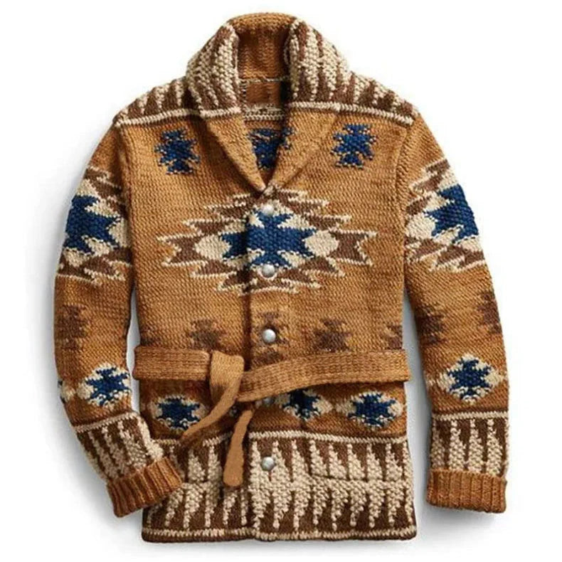 Men's Shawl Collar Knit Cardigan with Southwestern Pattern 0