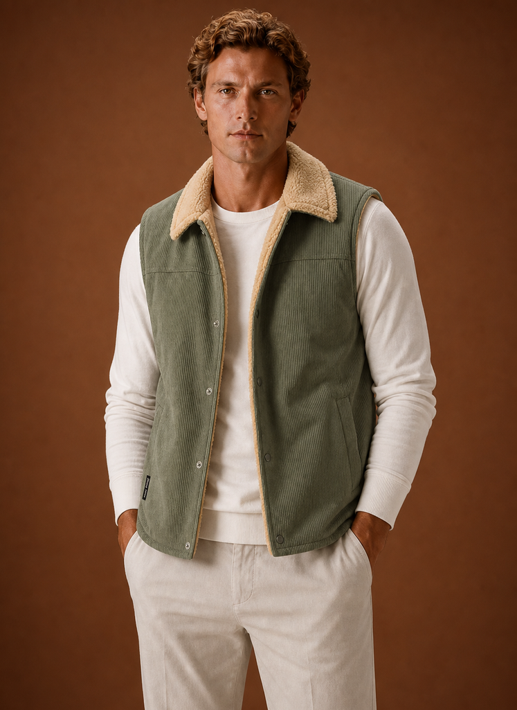 Men's Sherpa-Lined Corduroy Vest in a stylish brown color, featuring hand pockets, designed for warmth and comfort in cold weather. 0