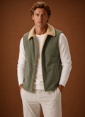 Men's Sherpa-Lined Corduroy Vest in a stylish brown color, featuring hand pockets, designed for warmth and comfort in cold weather. 0
