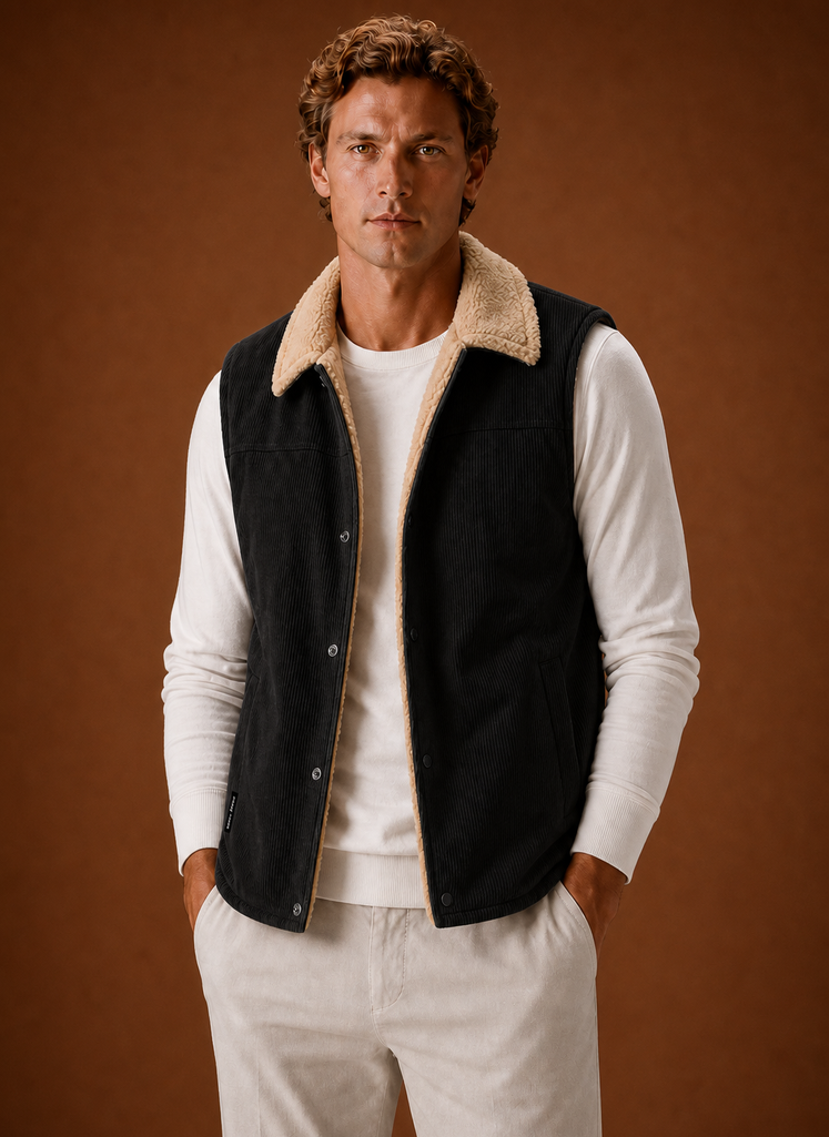 Men's Sherpa-Lined Corduroy Vest in a stylish brown color, featuring hand pockets, designed for warmth and comfort in cold weather. 1