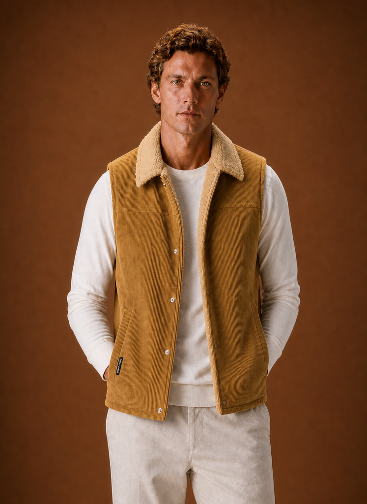 Men's Sherpa-Lined Corduroy Vest in a stylish brown color, featuring hand pockets, designed for warmth and comfort in cold weather. 2