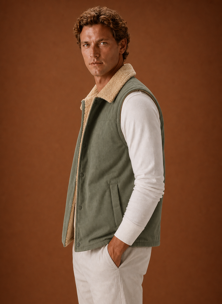 Men's Sherpa-Lined Corduroy Vest in a stylish brown color, featuring hand pockets, designed for warmth and comfort in cold weather. 3