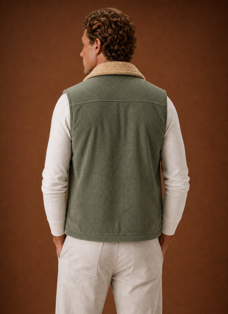 Men's Sherpa-Lined Corduroy Vest in a stylish brown color, featuring hand pockets, designed for warmth and comfort in cold weather. 4