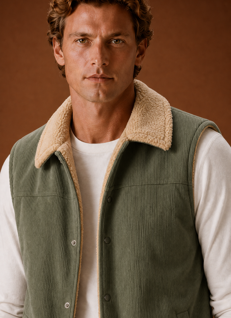 Men's Sherpa-Lined Corduroy Vest in a stylish brown color, featuring hand pockets, designed for warmth and comfort in cold weather. 5