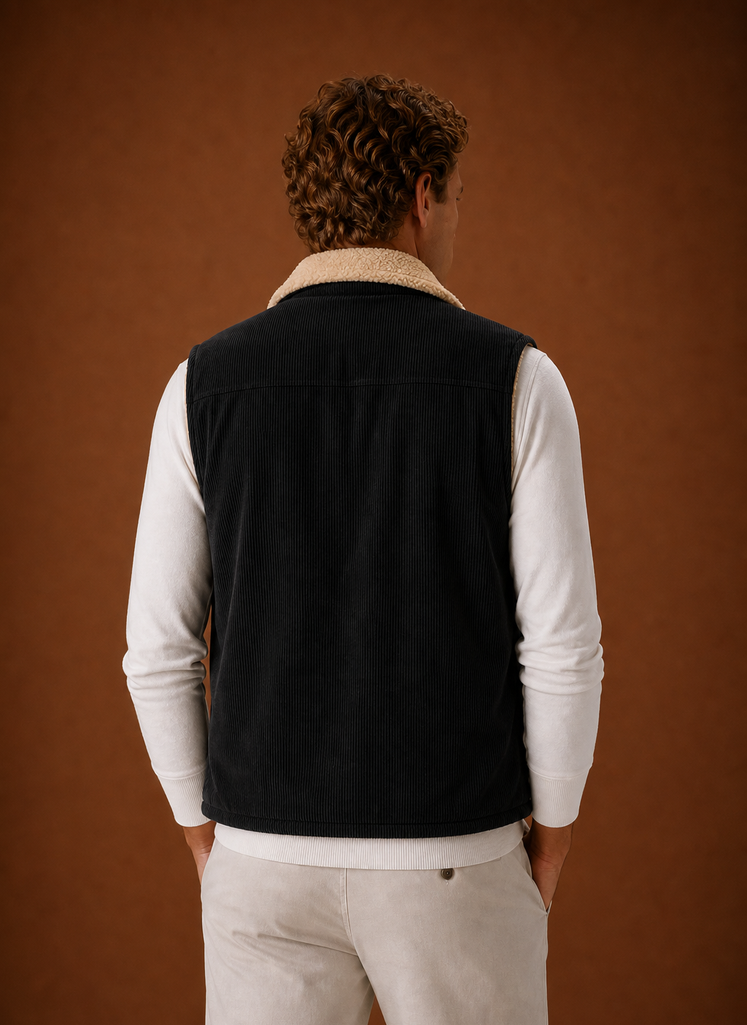 Men's Sherpa-Lined Corduroy Vest in a stylish brown color, featuring hand pockets, designed for warmth and comfort in cold weather. 6