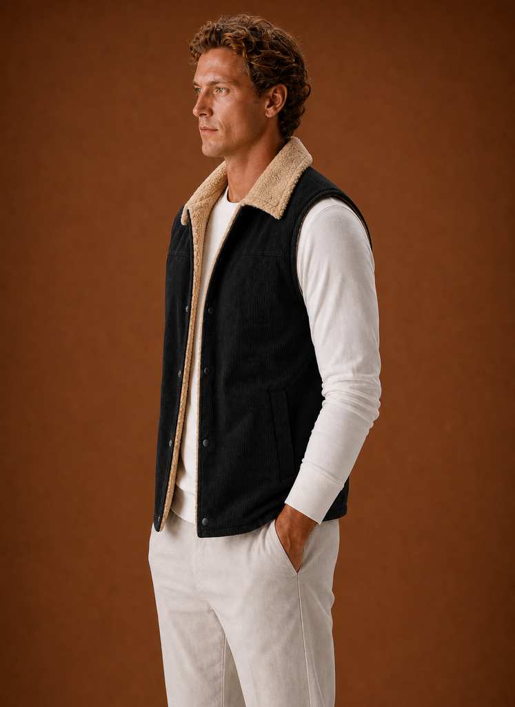 Men's Sherpa-Lined Corduroy Vest in a stylish brown color, featuring hand pockets, designed for warmth and comfort in cold weather. 7