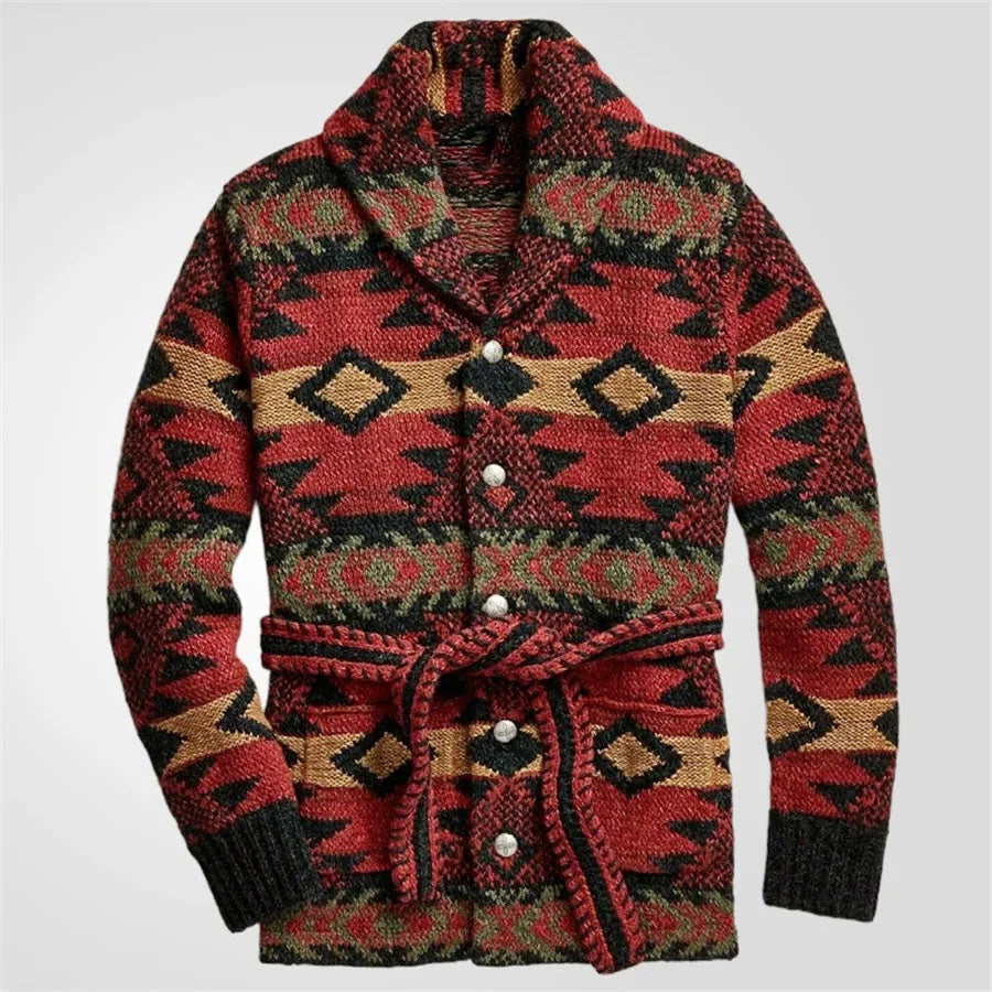 Men's Southwestern Shawl Collar Cardigan with Belted Waist 0