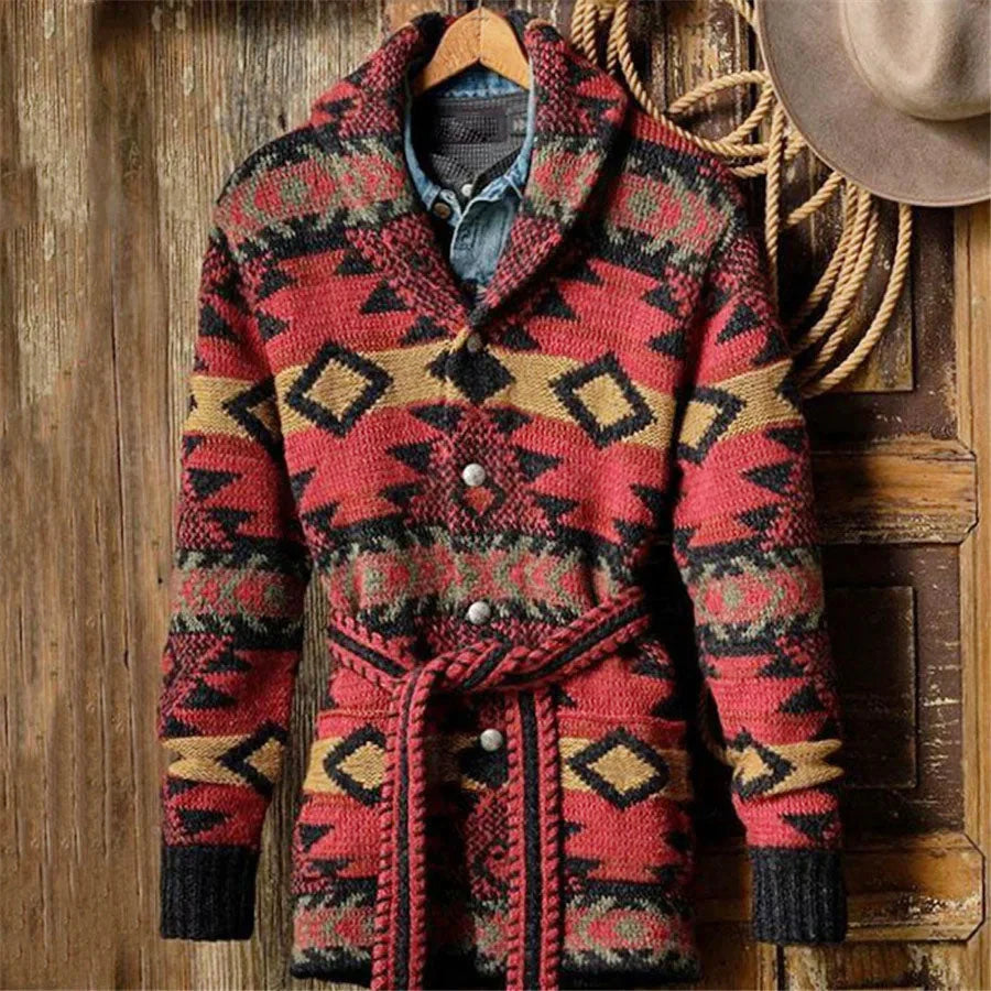 Men's Southwestern Shawl Collar Cardigan with Belted Waist 2