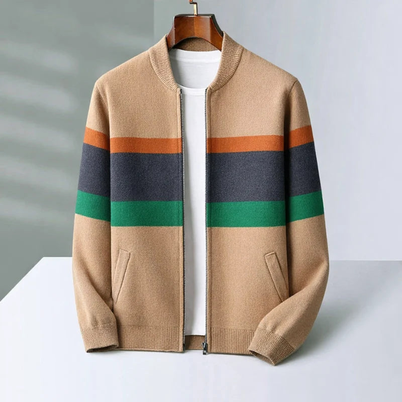 Men's Striped Zip-Up Cardigan with Relaxed Fit 0