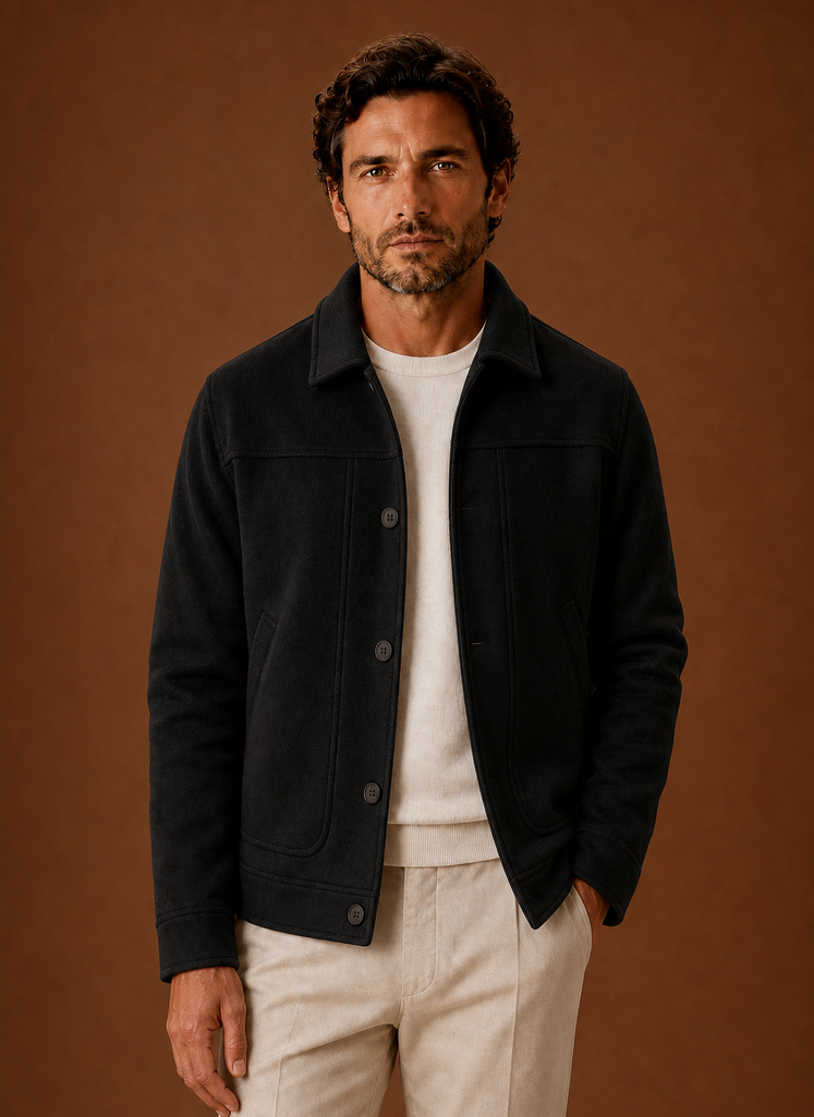 Men's tailored fit button-front shirt jacket in a versatile design, perfect for layering, featuring a classic collar and stylish pockets, ideal for both casual and 1