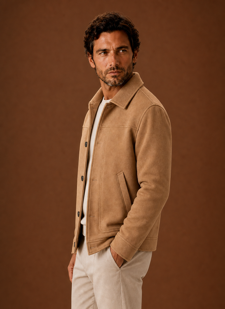 Men's tailored fit button-front shirt jacket in a versatile design, perfect for layering, featuring a classic collar and stylish pockets, ideal for both casual and 3