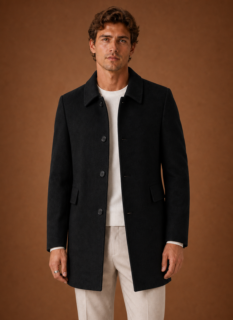 Men's tailored long overcoat featuring a structured fit, perfect for stylish winter wear, showcasing a classic design in a warm fabric. 0