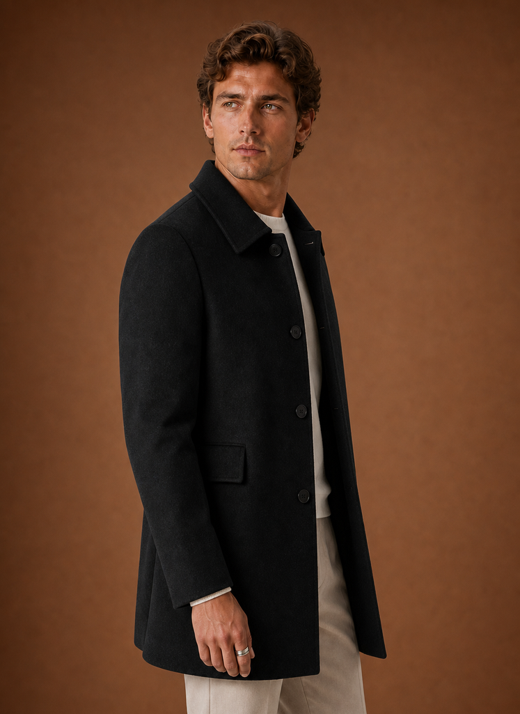 Men's tailored long overcoat featuring a structured fit, perfect for stylish winter wear, showcasing a classic design in a warm fabric. 1