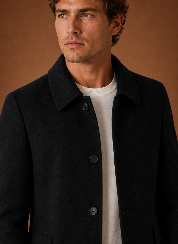 Men's tailored long overcoat featuring a structured fit, perfect for stylish winter wear, showcasing a classic design in a warm fabric. 3