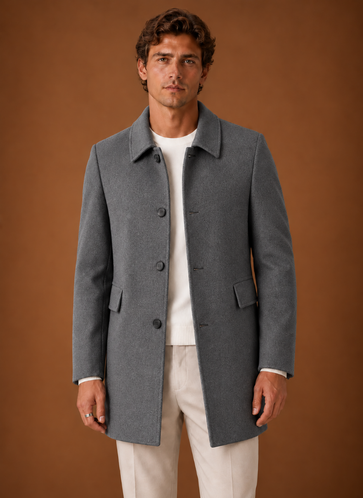 Men's tailored long overcoat featuring a structured fit, perfect for stylish winter wear, showcasing a classic design in a warm fabric. 4
