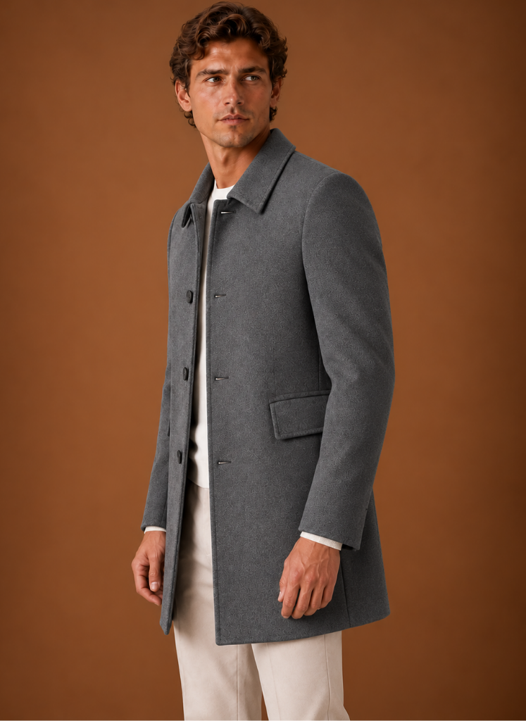 Men's tailored long overcoat featuring a structured fit, perfect for stylish winter wear, showcasing a classic design in a warm fabric. 5