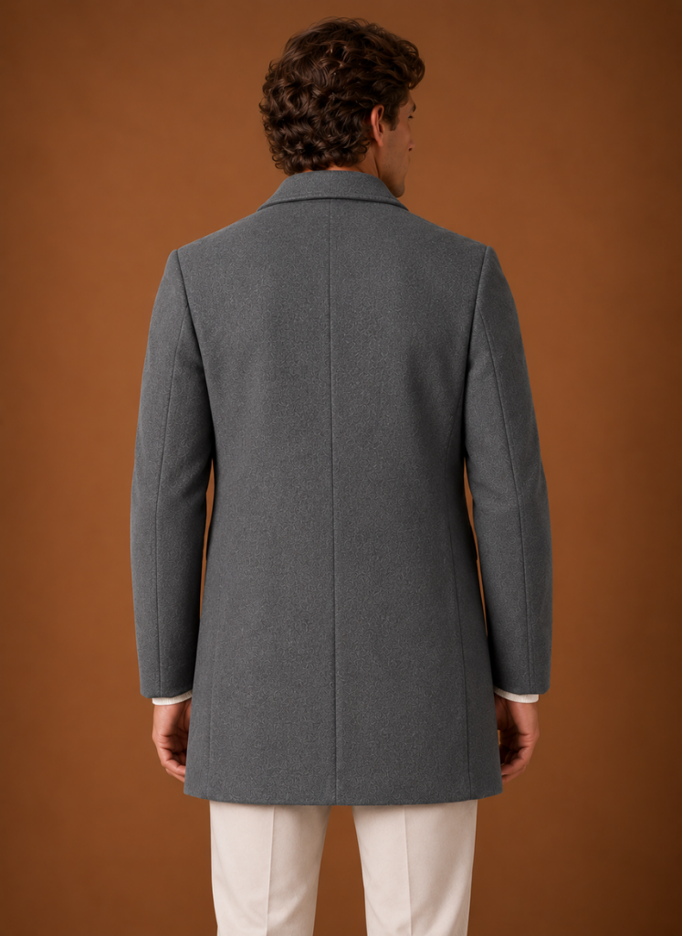 Men's tailored long overcoat featuring a structured fit, perfect for stylish winter wear, showcasing a classic design in a warm fabric. 6