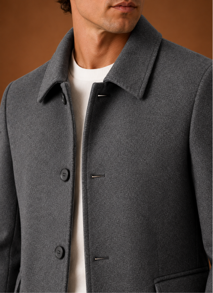 Men's tailored long overcoat featuring a structured fit, perfect for stylish winter wear, showcasing a classic design in a warm fabric. 7