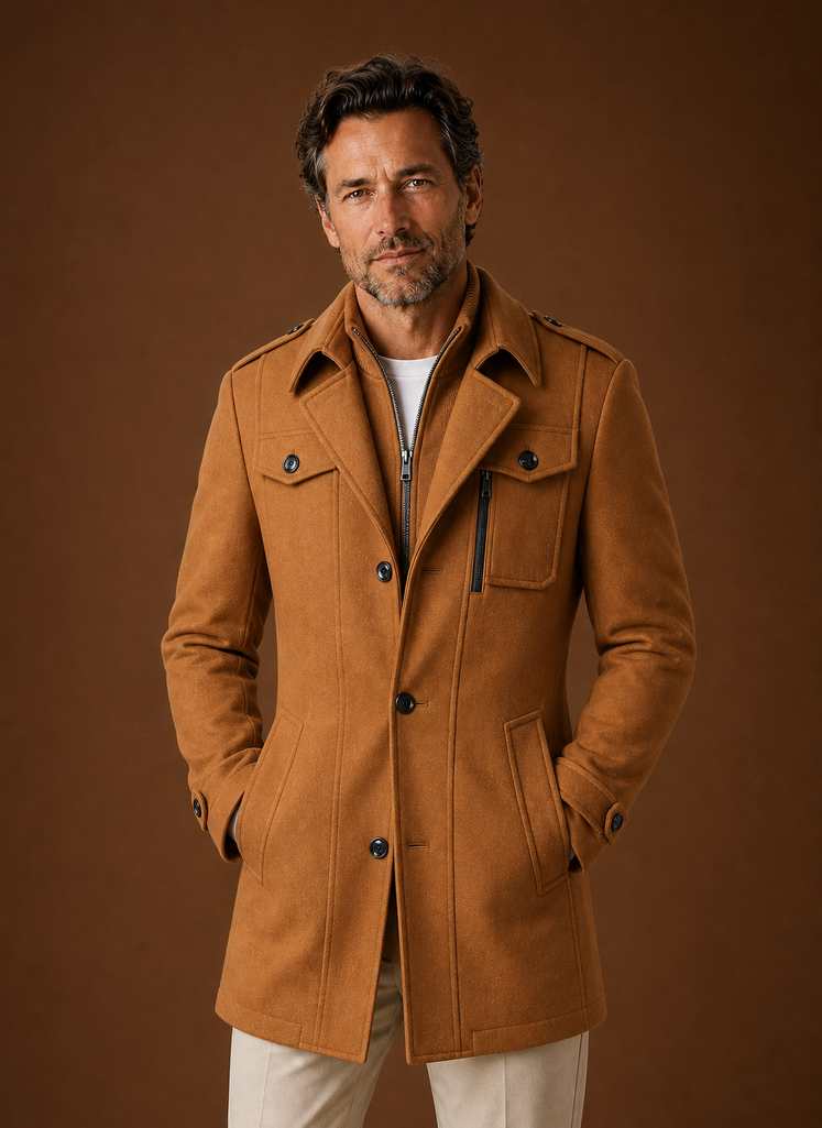 Men's tailored mid-length wool blend overcoat designed for winter wear, featuring a classic silhouette, notched lapels, and a sophisticated finish, perfect 0