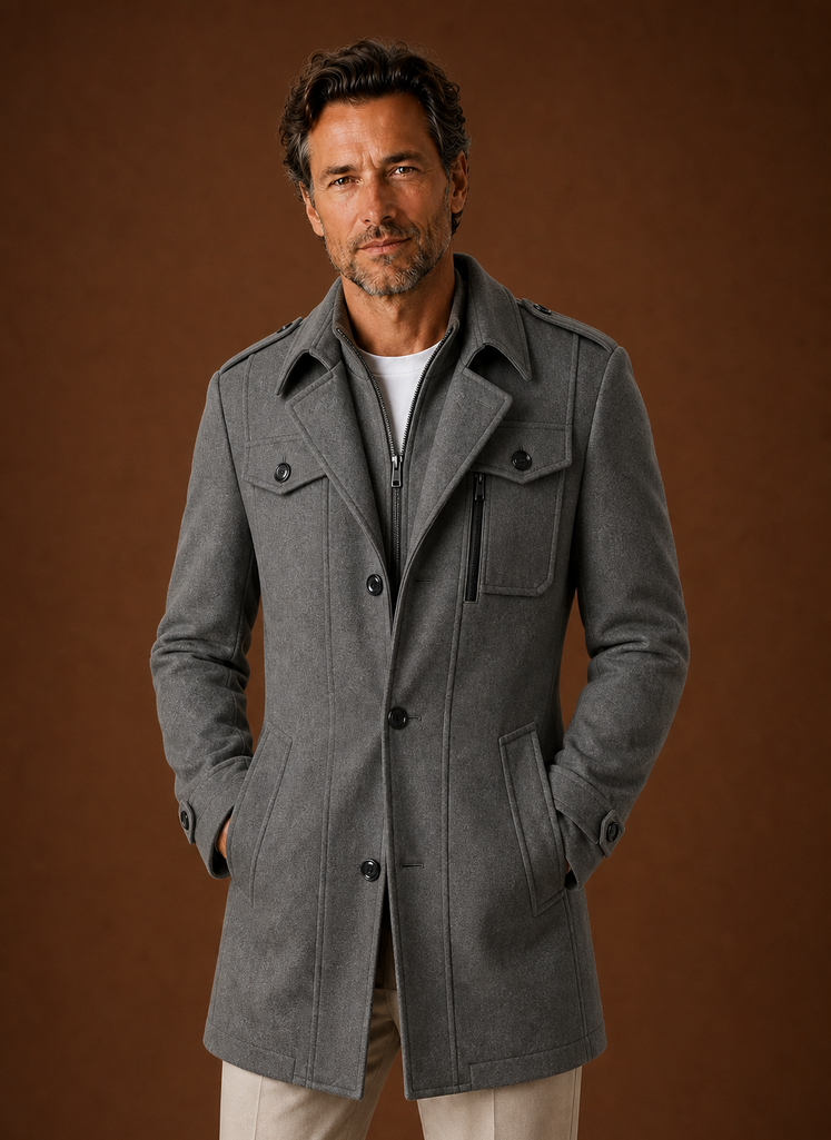 Men's tailored mid-length wool blend overcoat designed for winter wear, featuring a classic silhouette, notched lapels, and a sophisticated finish, perfect 1