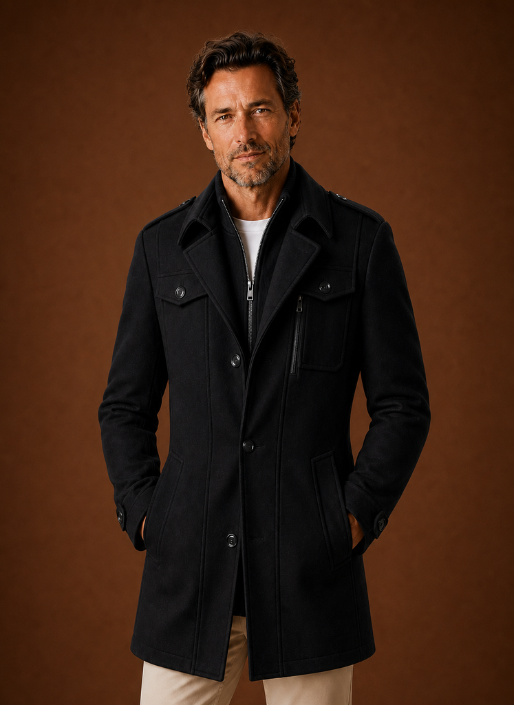 Men's tailored mid-length wool blend overcoat designed for winter wear, featuring a classic silhouette, notched lapels, and a sophisticated finish, perfect 2