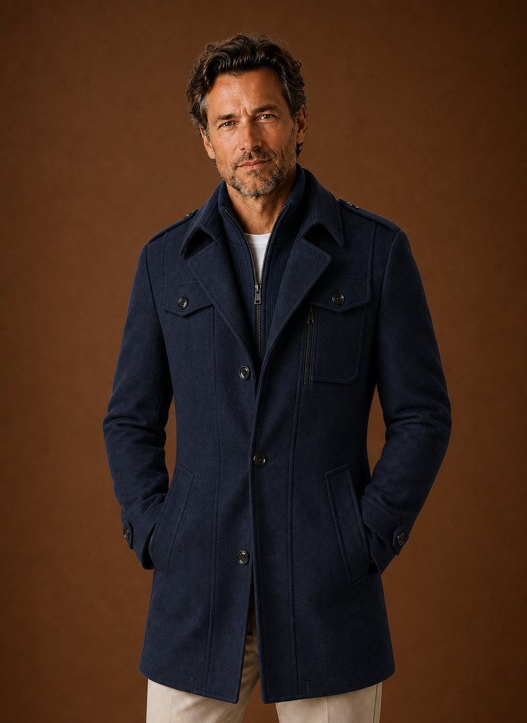 Men's tailored mid-length wool blend overcoat designed for winter wear, featuring a classic silhouette, notched lapels, and a sophisticated finish, perfect 3