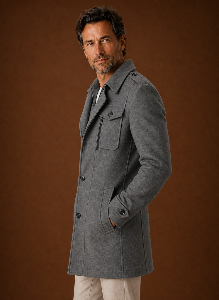 Men's tailored mid-length wool blend overcoat designed for winter wear, featuring a classic silhouette, notched lapels, and a sophisticated finish, perfect 7
